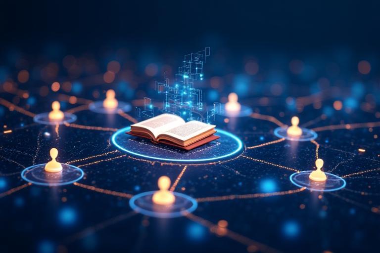 Ilustração abstrata mostrando conexões entre livros, leitores e tecnologia